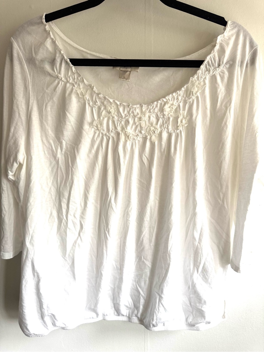 Loft White Peasant Blouse with Smocked Delicate Floral Neckline
